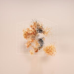 Various grains and textures colliding with a 3-D cube